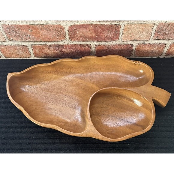 Vintage Monkey Pod Leaf Wooden Hand Carved Serving Tray Dish Bowl Mid-Century - Picture 4 of 8